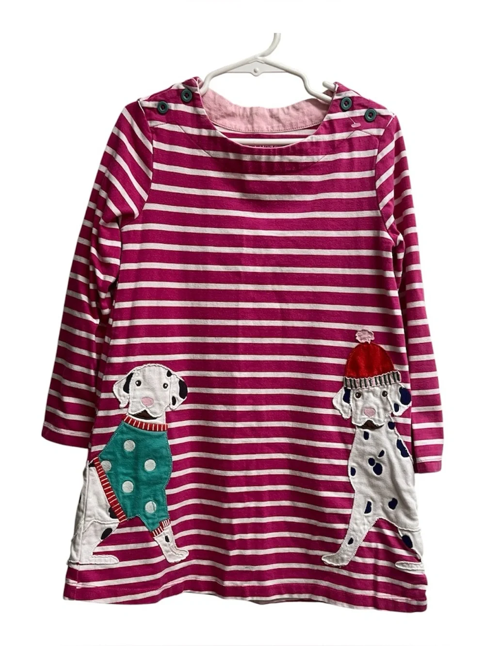 Mini Boden Long Sleeve Pink Striped Dalmatian Dog Dress SZ 5-6Y Winter